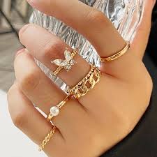 Jewelry gold plated rings with white pearl and diamond women accessories